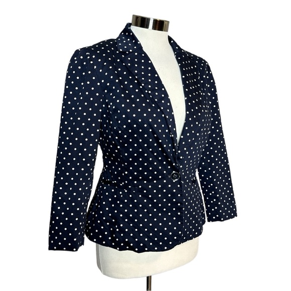 SANDRO STUDIO CAREER NAVY POLKA DOT LIGHTWEIGHT STRETCH CROPPED BLAZER - Picture 4 of 12